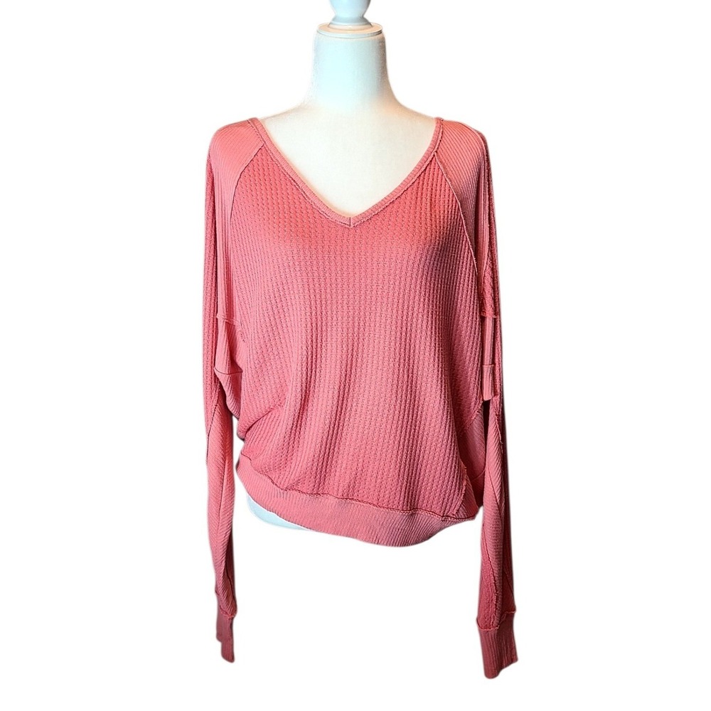 We The Free Free People Coral Pink Waffle Knit Thermal Dolman Sleeve Top Medium